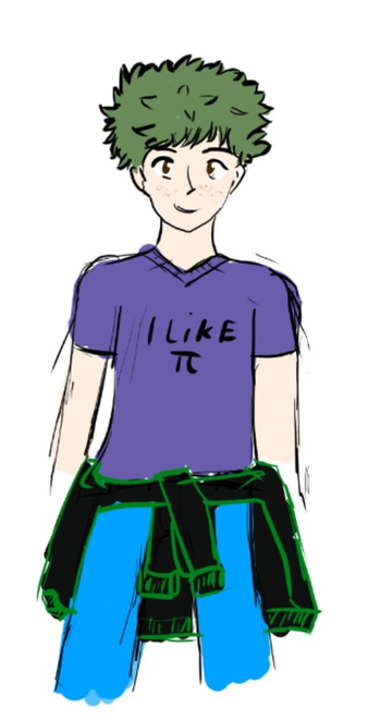 It is Tim. A boy with green hair, brown eyes and bright skin. He wears a pink nerd shirt with "I like π" written on it.