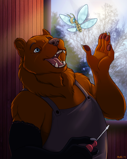 An anthro-bear with a screwdriver in the hands and a blue-overall he just made a ethertech-butterfly and has the same pose as the "is this a butterfly"-meme. The Picture was made by Dragonmirr (Mirri)