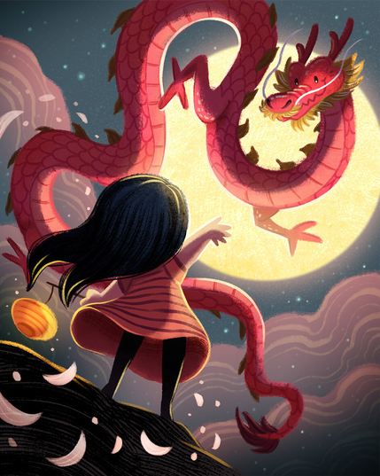 Young girl with black hair holding a lantern, waving up to Chinese dragon in night sky