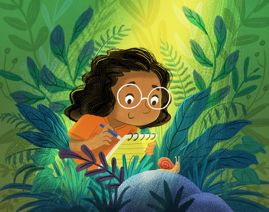 Girl with brown skin and glasses looking at a snail and writing in a notebook