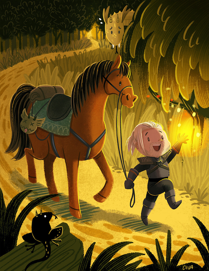 Child friendly version of Geralt and Roach from The Witcher walking through a forest