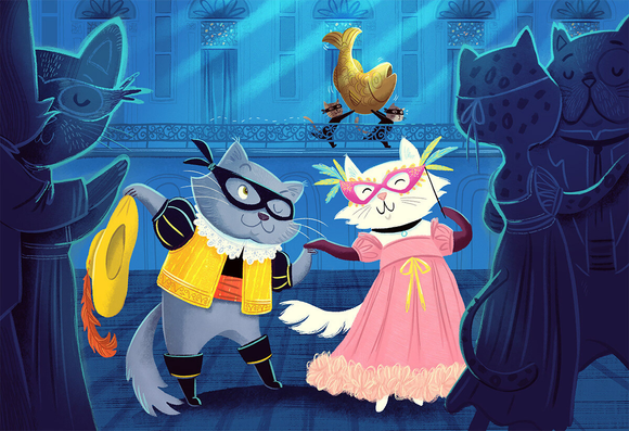 Two cats dancing at a masked ball, while two cat thieves steal a fish statue in the background