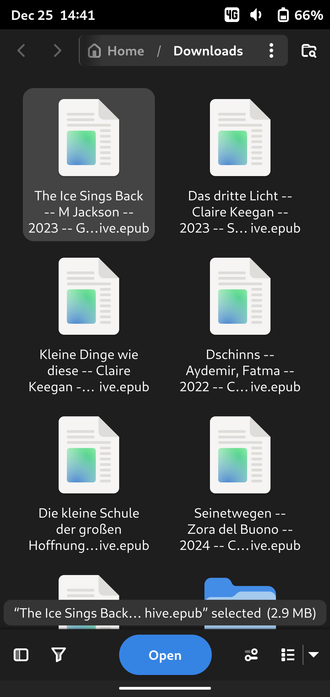 Screenshot of Gnome Shell on mobile showing a file picker with various epub files to open.