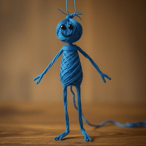 A happy humanoid made out of blue thread.