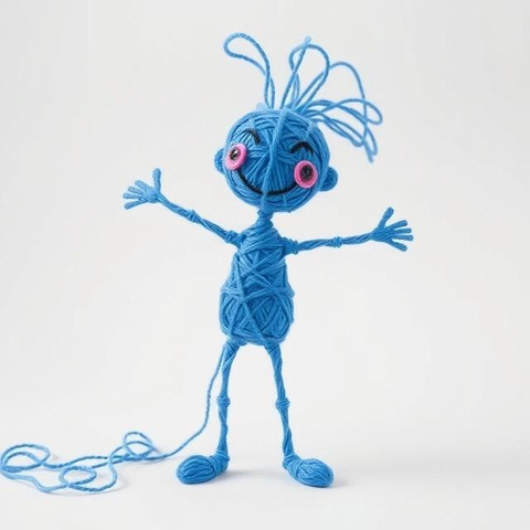 A happy humanoid made out of blue thread.