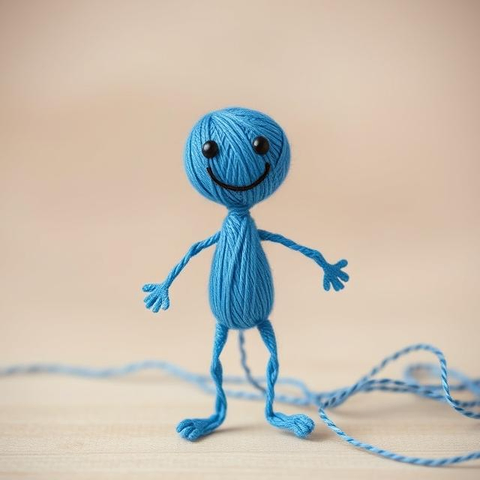 A happy humanoid made out of blue thread.