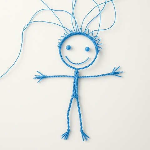 A happy humanoid made out of blue thread.