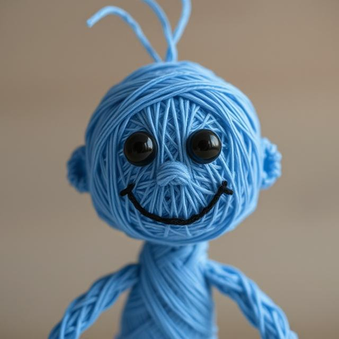 A happy humanoid made out of blue thread with black eyes.