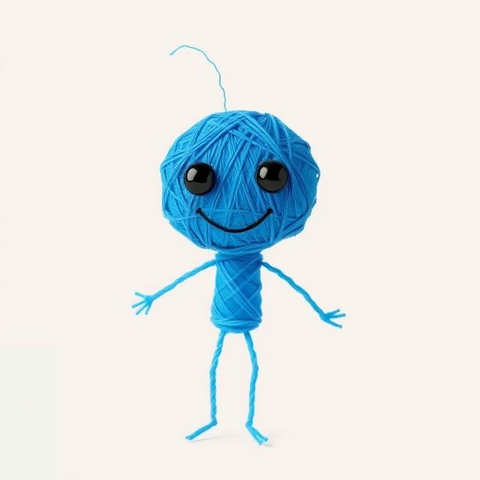 A happy humanoid made out of blue thread with black eyes.