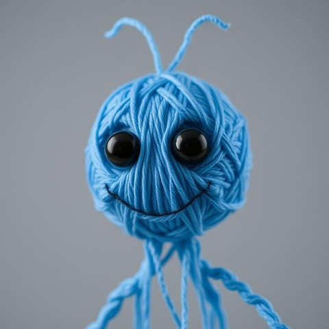 A happy humanoid made out of blue thread with black eyes.