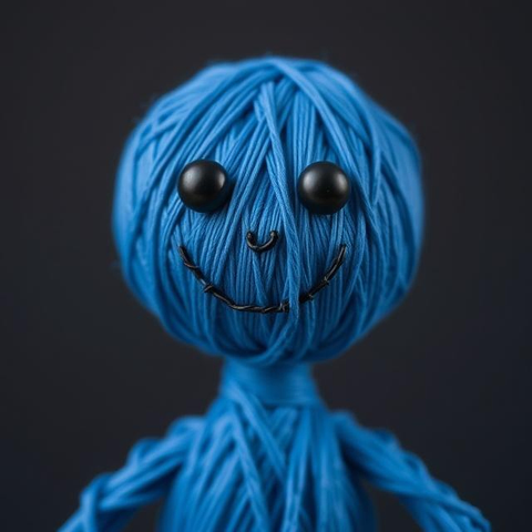 A happy humanoid made out of blue thread with black eyes.