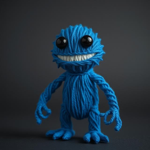 A happy humanoid kaiju monster made out of blue thread with black eyes.