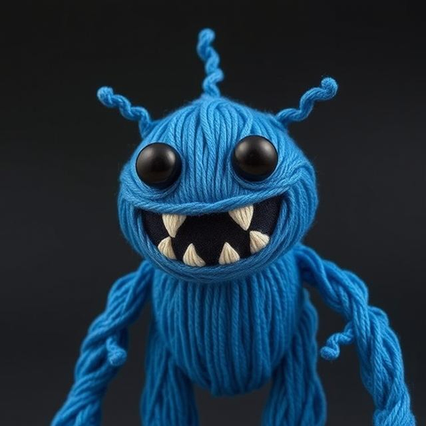 A happy humanoid kaiju monster made out of blue thread with black eyes.