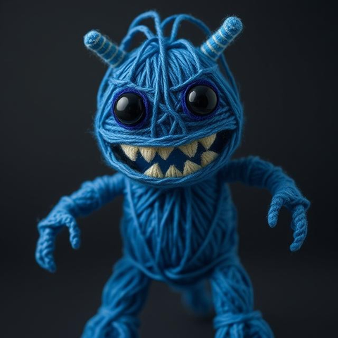 A happy humanoid kaiju monster made out of blue thread with black eyes.