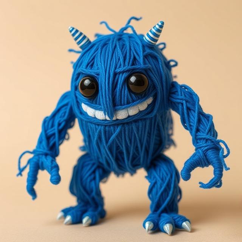 A happy humanoid kaiju monster made out of blue thread with black eyes.