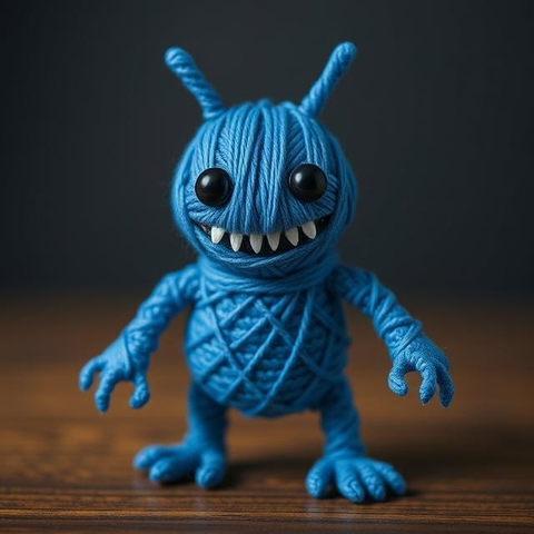 A happy humanoid kaiju monster made out of blue thread with black eyes.