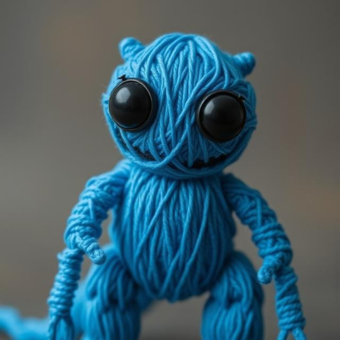 A happy humanoid kaiju monster made out of blue thread with black eyes.