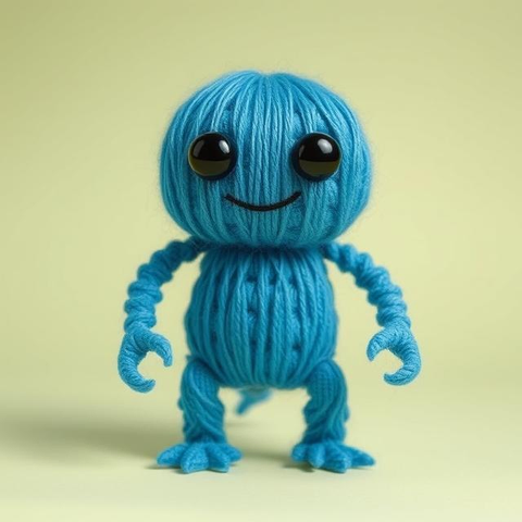 A happy humanoid kaiju monster made out of blue thread with black eyes.