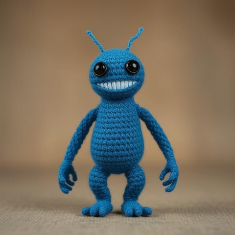 A happy humanoid kaiju monster made out of blue thread with black eyes.