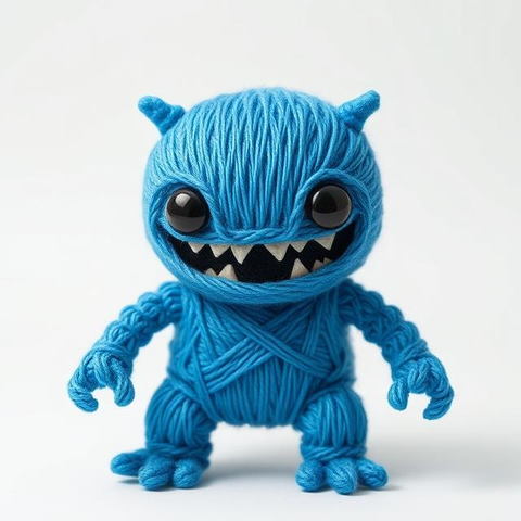 A manga style happy humanoid kaiju monster made out of blue thread with black eyes.