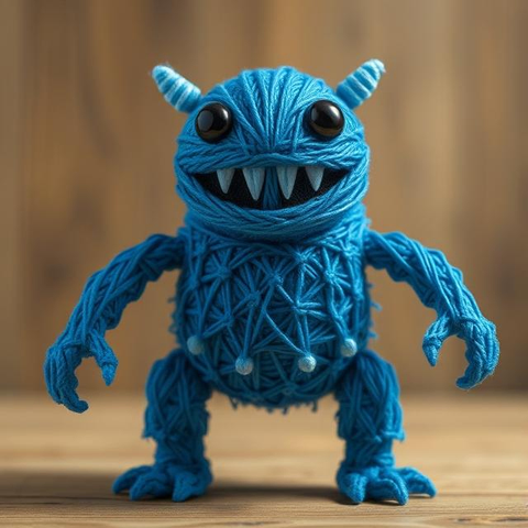 A manga style happy humanoid kaiju monster made out of blue thread with black eyes.