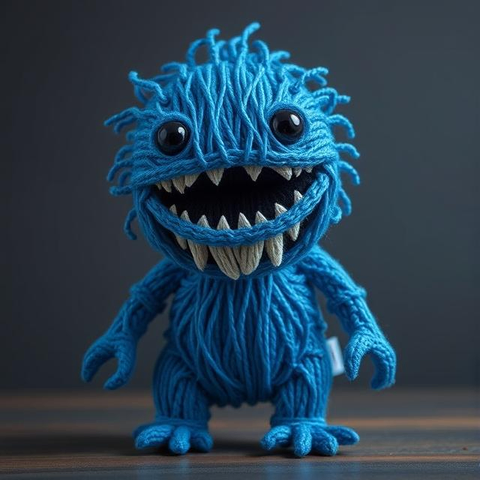 A manga style happy humanoid kaiju monster made out of blue thread with black eyes.