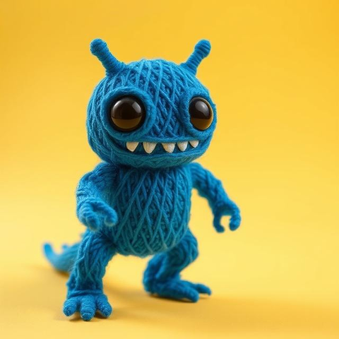 A manga style happy humanoid kaiju monster made out of blue thread with black eyes.