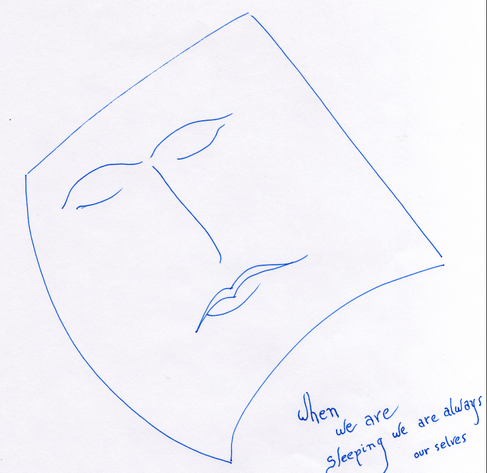 minimalist line drawing of a person in repose with the text " When we are sleeping we are always our selves" by me 197?