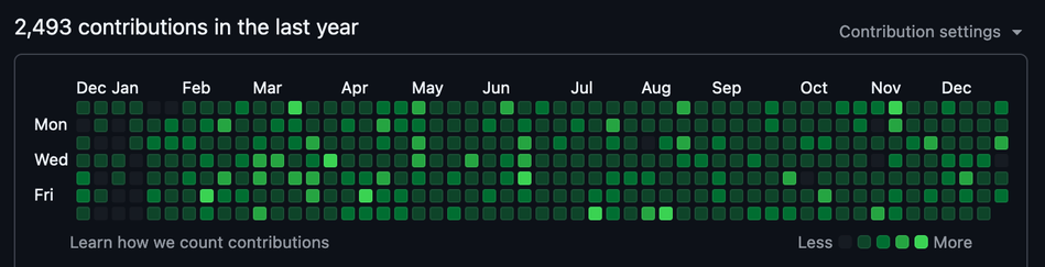 Screenshot of my Github activity/contribution heatmap of the past year, listing 2493 contributions (only a handful of days without contribs since end of Jan 2024)

Visualization from here:
https://github.com/postspectacular