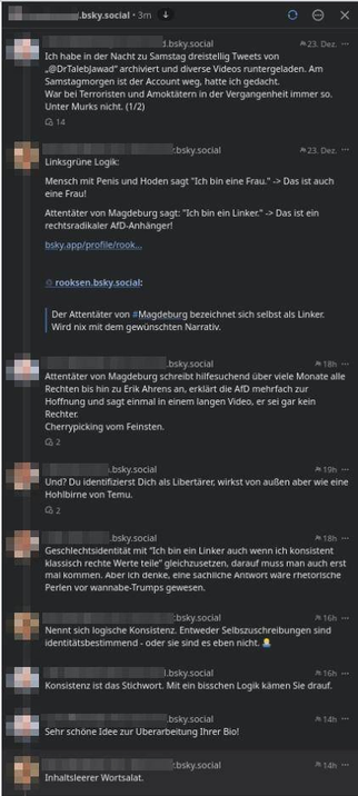 Gesprächsverlauf auf Bluesky, in dem ein Journalist massiv angegriffen wird.