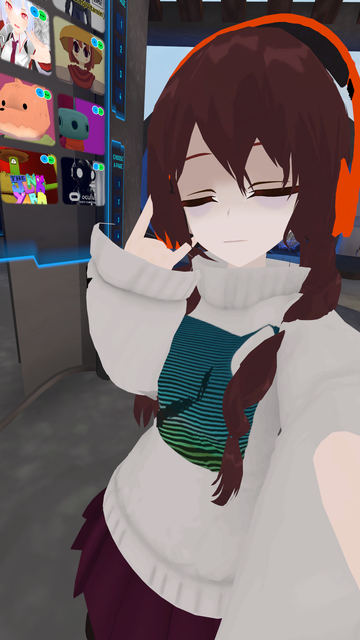 A selfie of my VRChat avatar doing the rock and roll horns.