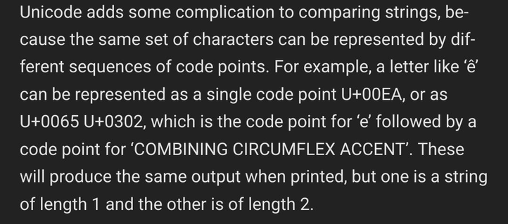 Python docs showing how the same one letter can count for one or two character lengths in unicode depending on the code point definition. 