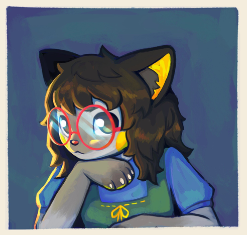 digital painting of a siamese catgirl with shoulder length curly hair. she has big round red glasses on with a neutral expression, looking up at the viewer. she is wearing a blue dress with a green vest that is embroidered with a yellow bow.