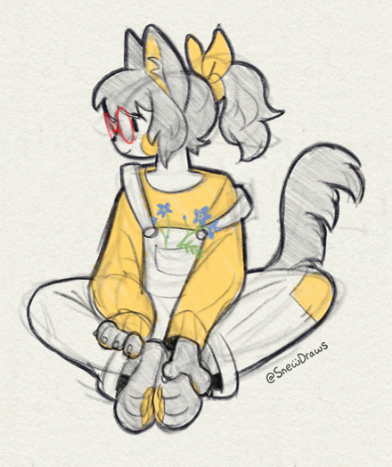 A sketch of an anthropomorphic siamese cat girl. She is wearing overalls with a yellow sweater underneath. She is sitting cross-legged with her hands gripping her leg and foot. She has forget-me-not flowers stored in her overalls pouch. She is looking to the side with her wavy thick hair tied in a yellow bow.