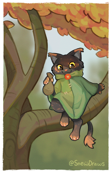 Drawing of A young tabaxi mischievously looking down from a tree branch. She is dangling a coin pouch.