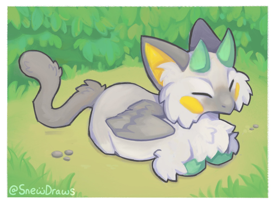 Drawing of a white and grey hybrid cat dragon. They are sitting politely in a loaf form with their paws tucked underneath themselves.