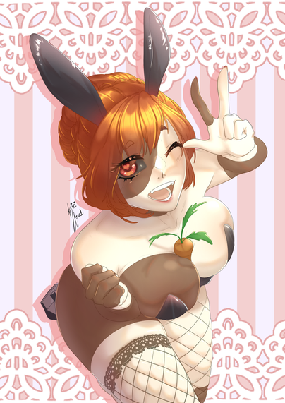 A drawing of a girl, with red hair in a bun, and skin with dark and fair patches. Her eyes have black sclera, red irises and heart shaped pupils.
She is wearing a very revealing bunnysuit, with a carrot between her breasts, and she is smiling and winking at the viewer, making a victory sign.