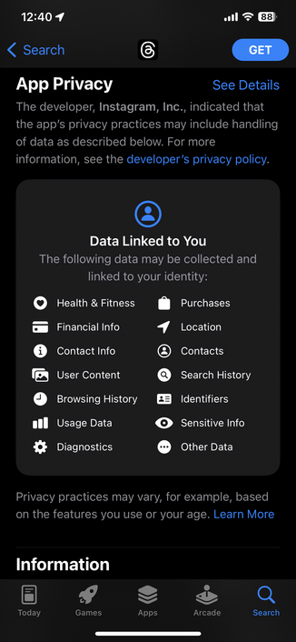 The App Privacy report for Threads from the Apple App Store, showing it requires access to your health and fitness data, financial info, location data, contact info, among many others. 