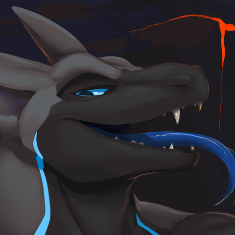 Vern is a grey and black wyvern with a large snout, bat-like ears, blue eyes, darker blue spikes on his back, a blue forked tongue, and a blue streak down his neck on each side that separates the grey and black coloration. He has a perpetual smug or grumpy demeanor.