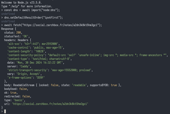 Welcome to Node.js v23.5.0.
Type ".help" for more information.
> const dns = await import("node:dns");
undefined
> dns.setDefaultResultOrder("ipv6first");
undefined
> await fetch("https://social.zarchbox.fr/notes/a2dn3k8kt5hm3gci");
Response {
  status: 200,
  statusText: 'OK',
  headers: Headers {
    'alt-svc': 'h3=":443"; ma=2592000',
    'cache-control': 'public, max-age=15',
    'content-length': '10828',
    'content-security-policy': "default-src 'self' 'unsafe-inline'; img-src *; media-src *; frame-ancestors *",
    'content-type': 'text/html; charset=utf-8',
    date: 'Mon, 30 Dec 2024 16:32:22 GMT',
    server: 'Caddy',
    'strict-transport-security': 'max-age=15552000; preload',
    vary: 'Origin, Accept',
    'x-frame-options': 'DENY'
  },
  body: ReadableStream { locked: false, state: 'readable', supportsBYOB: true },
  bodyUsed: false,
  ok: true,
  redirected: false,
  type: 'basic',
  url: 'https://social.zarchbox.fr/notes/a2dn3k8kt5hm3gci'
}
>