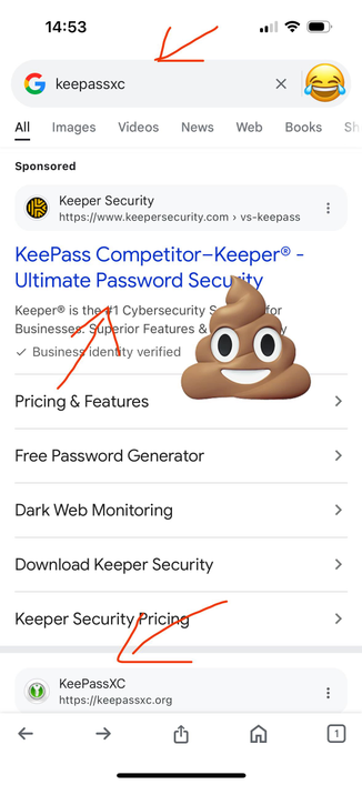 Screenshot of KeePassXC being targeted by a “competitor” on Google ads.
