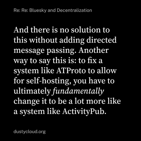 Quote stating ATProto has to become more like ActivityPub to be self hosted.