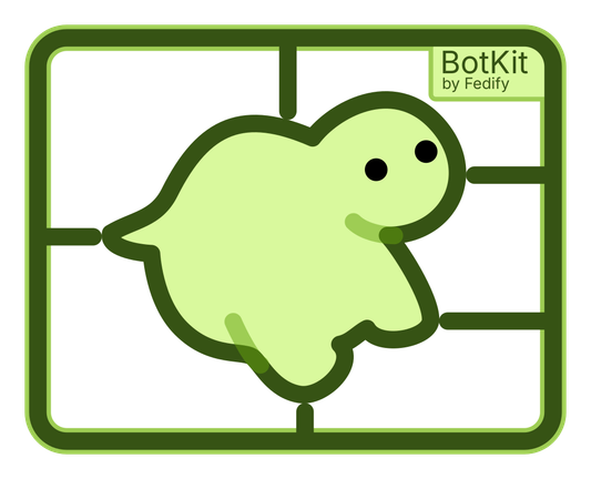 A prototype of a logo for BotKit. It's an unassembled plastic model kit of a cute dinosaur. It's labeled with “BotKit by Fedify.”