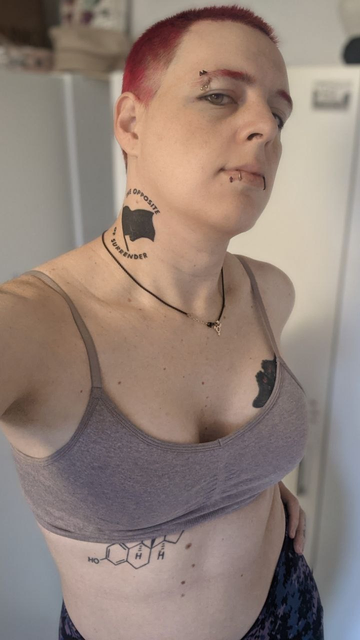 Me with a sports bra after boxing training.  From this angle one can see the black flag I have tattooed on my neck, with the caption: "The opposite / of surrender".  I have closely shaved hair in this photo, and one can see a couple lip piercings and a couple brow ones.