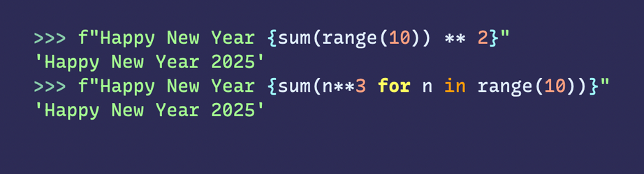 Printing "Happy New Year 2025" with two different sums and powers using range(10).  Full text at https://gist.github.com/nedbat/7eb9222bf0d3466f2bbf6381ccaf89ec