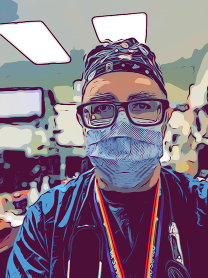 A stroked sketch-like transformation of a photo of the author wearing a mask, a surgical cap, a stethoscope and badge around his shoulders, and in scrubs.