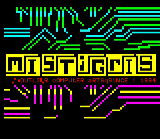 Mistigris teletext screen drawn in the style of a printed circuit board, drawn by TeletextR