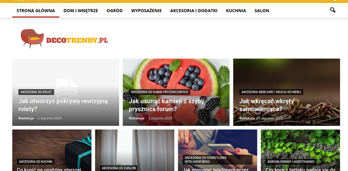 Screenshot decotrendy.pl, artykuły typu "jak otworzyć pokrywę rewizyjna rolety" i "jak usunąć kamien z szyby prysznica forum"