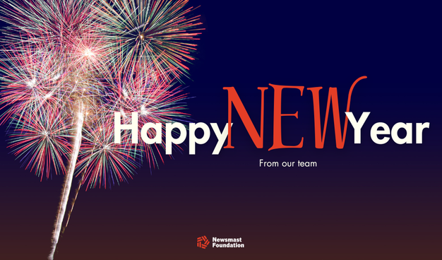 A colourful firework can be seen to the left of the frame. The copy reads: Happy New Year from our team. The Newsmast Foundation logo can be seen at the bottom.