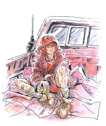 "watercolor illustration of a young person (Jasper!!!) sitting in the back of a pickup red truck, wearing a large flannel shirt and shorts, holding a tin cup in their hand, long messy red hair, freckles and a red cap with the Ferrari logo on it"